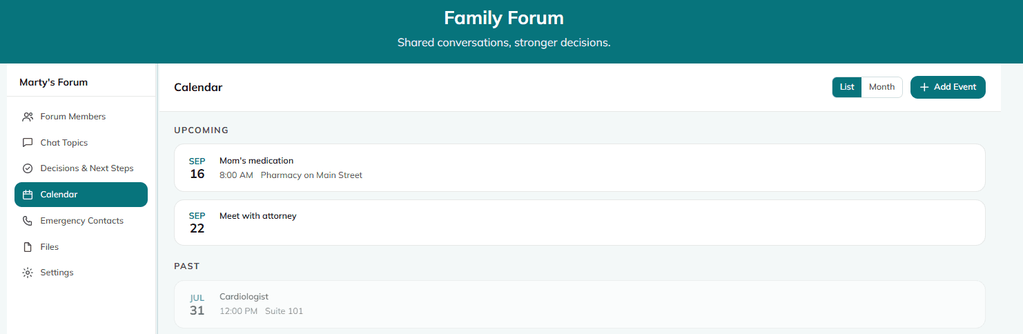 A Family Forum calendar showing the family's upcoming and past appointments, with the forum's other sections listed alongside.