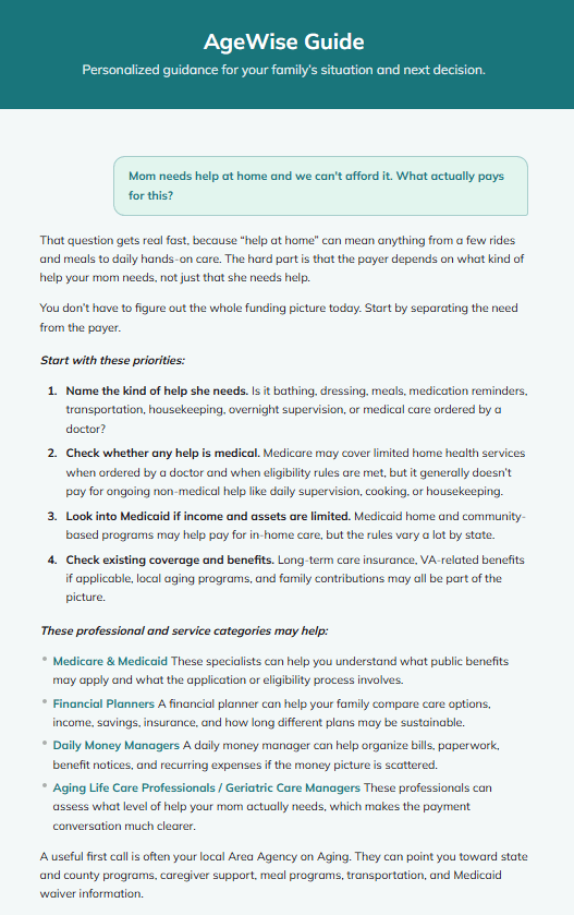 The AgeWise Guide answering a family's question about paying for help at home, with clear steps to start with and the kinds of professionals who can help.